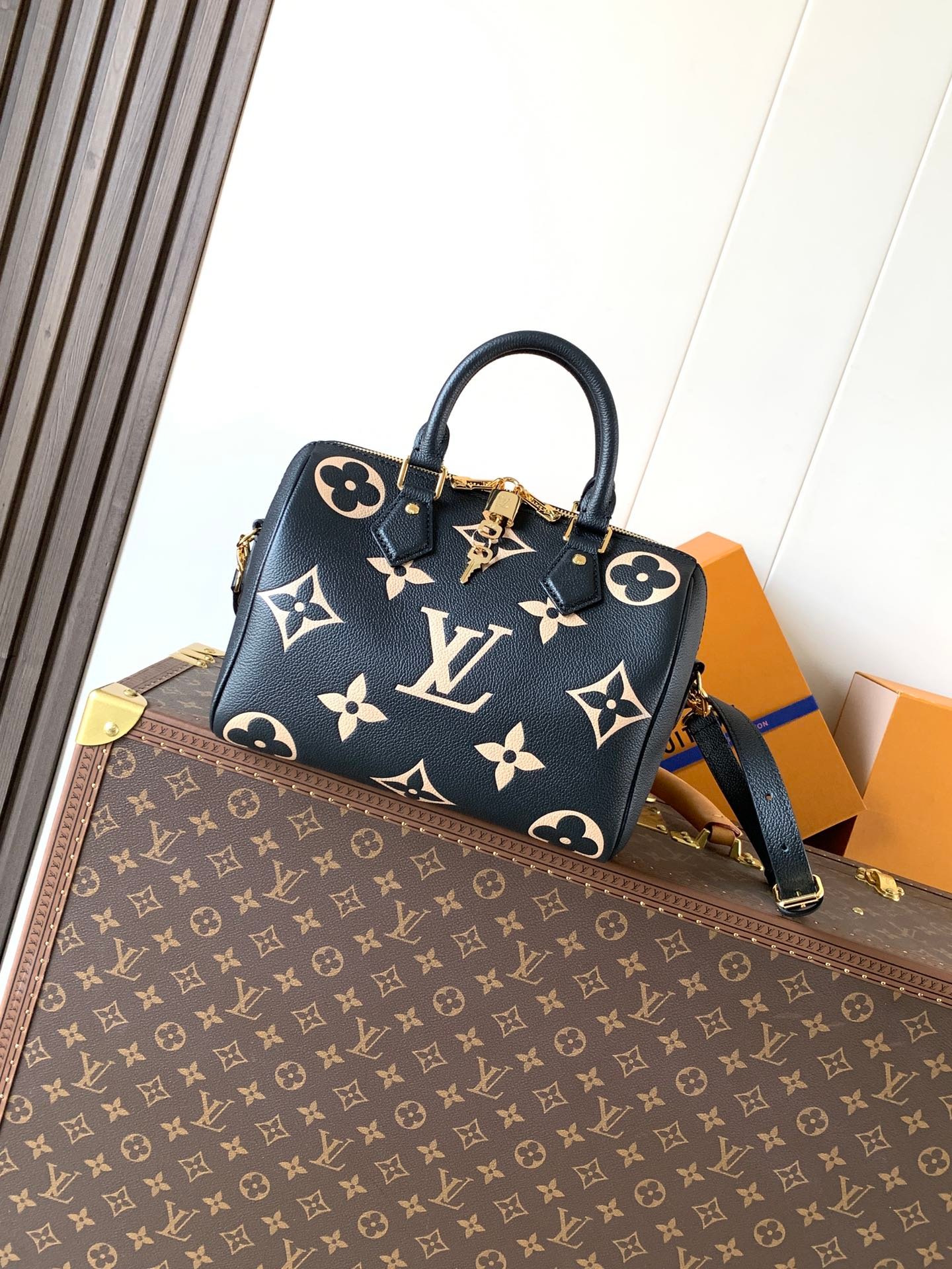 SPEEDY BANDOULIÈRE 25 black with beige letters