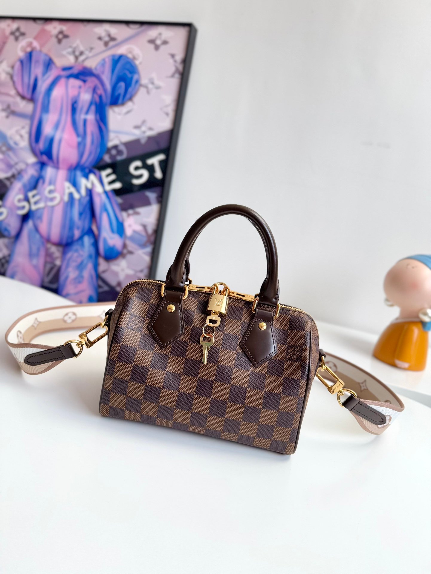 LV Speedy Bandouliere 20 Damier Ebene color with wide beige strap