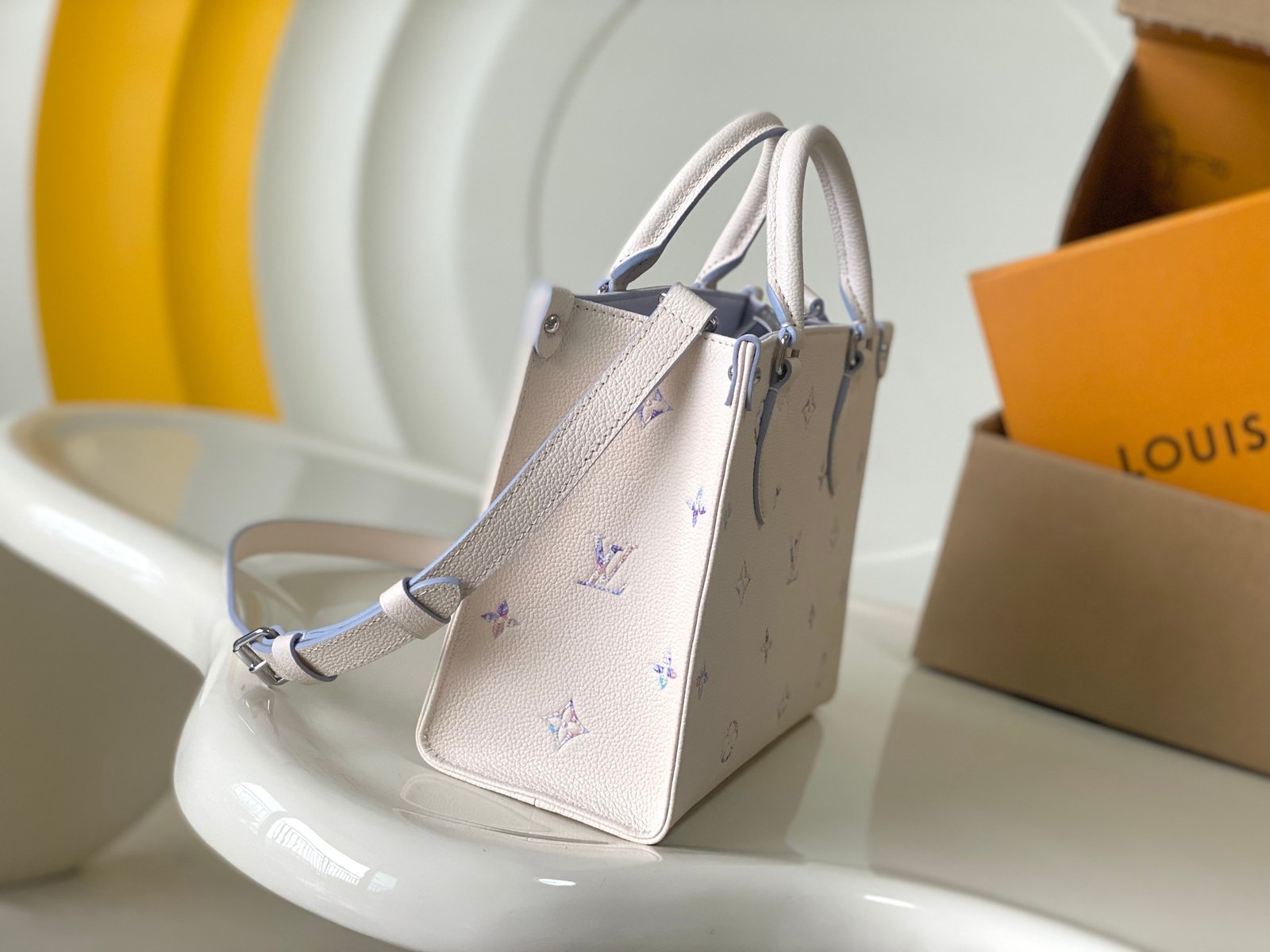 LV Onthego PM Monogram Empreinte White with Purple Flowers - Image 9
