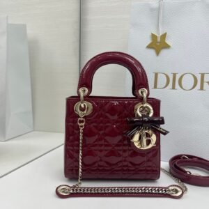 Lady Dior Bag with Bow Charm Mini Size Patent Cannage Calfskin Cherry Red, Black Colors